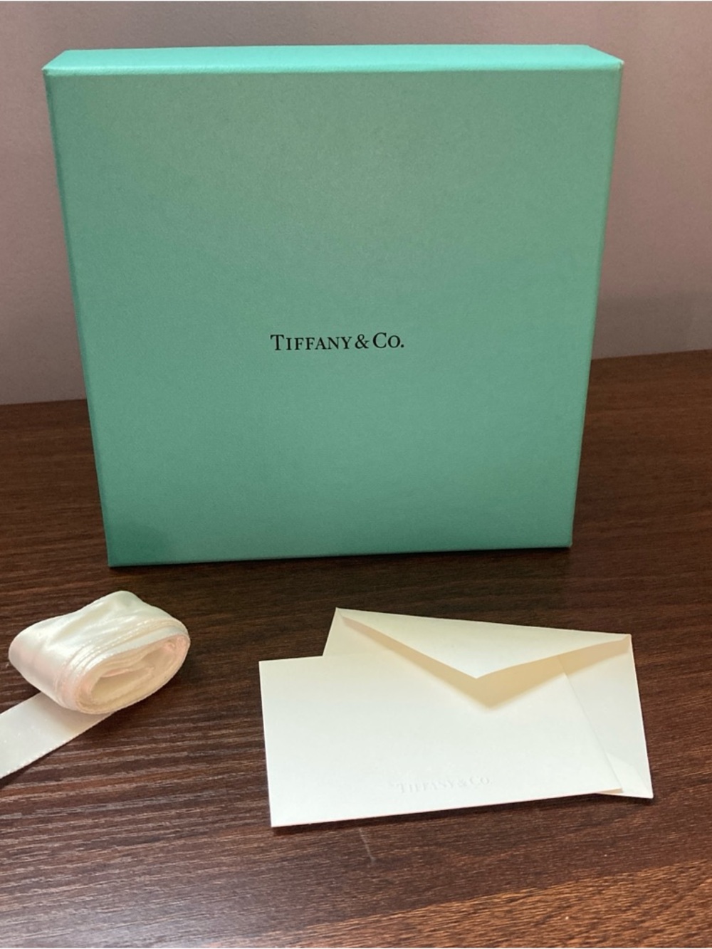 Tiffany & Co Gift Box 6x6 Blue Box w/ White Ribbon Card Envelope Authentic